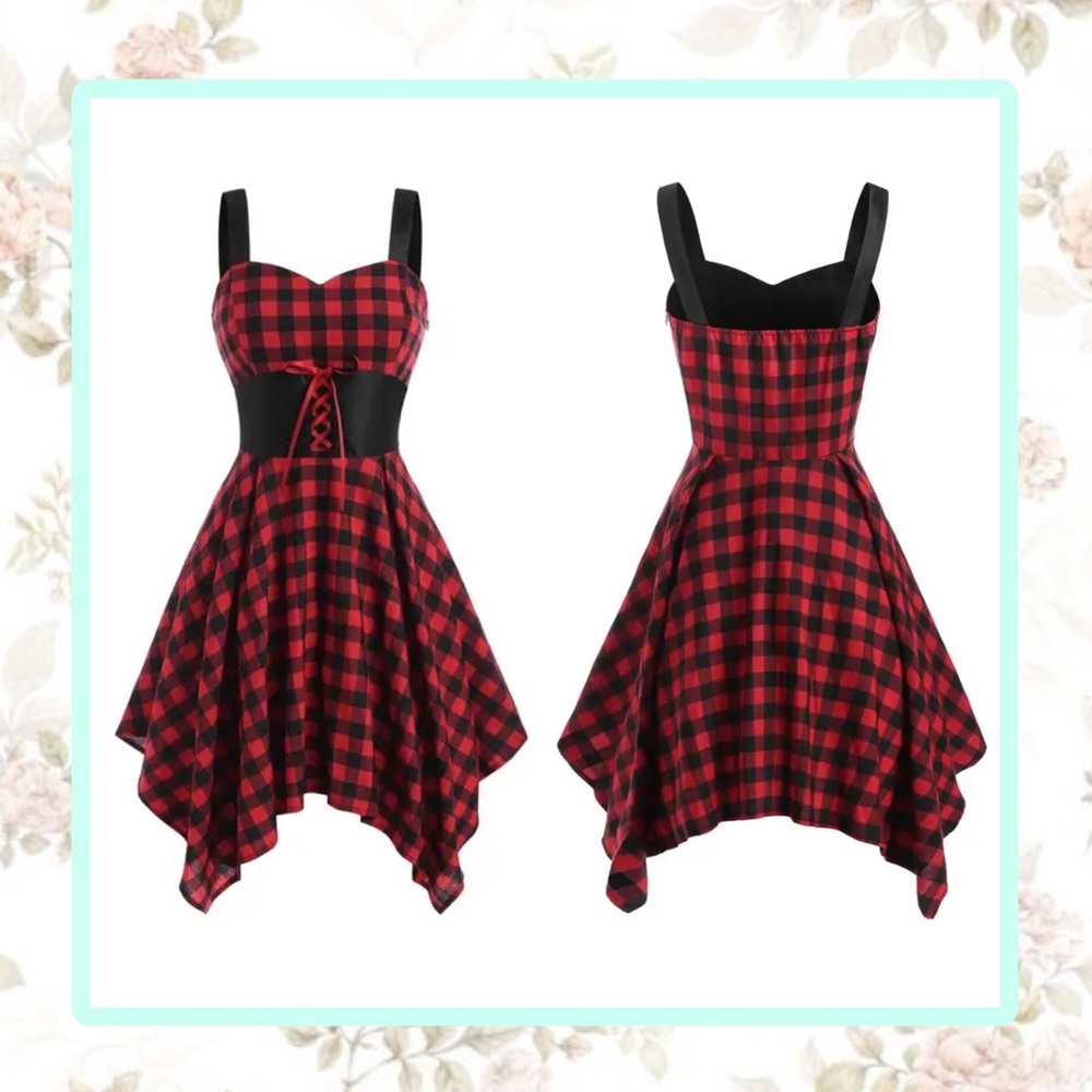 🌺 PLAID DRESS MIDI ASYMMETRICAL FLARE SLEEVELESS LUMBERJACK PUNK GOTH BABE